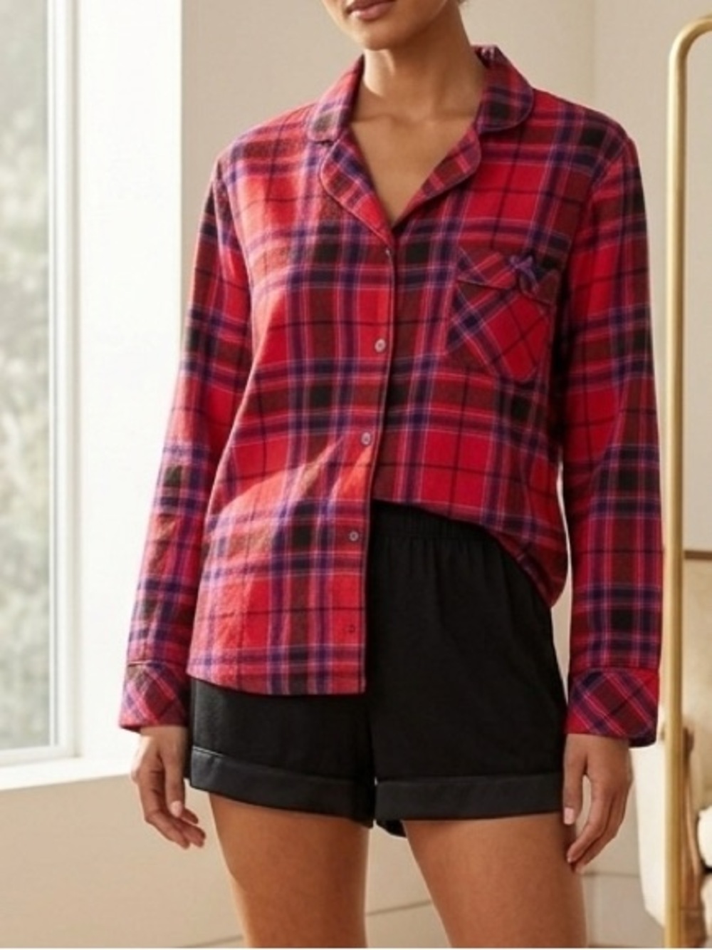 Victoria's Secret Plaid Flannel Pajama Top Metallic Lurex Red Purple Size M - Picture 3 of 15
